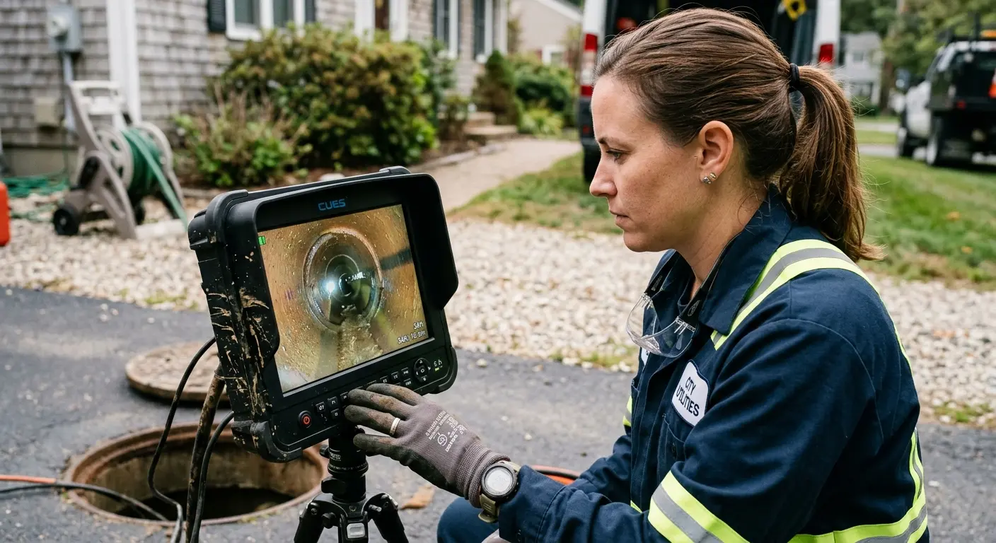 Technician reviewing sewer camera inspection footage in Lake Wisconsin