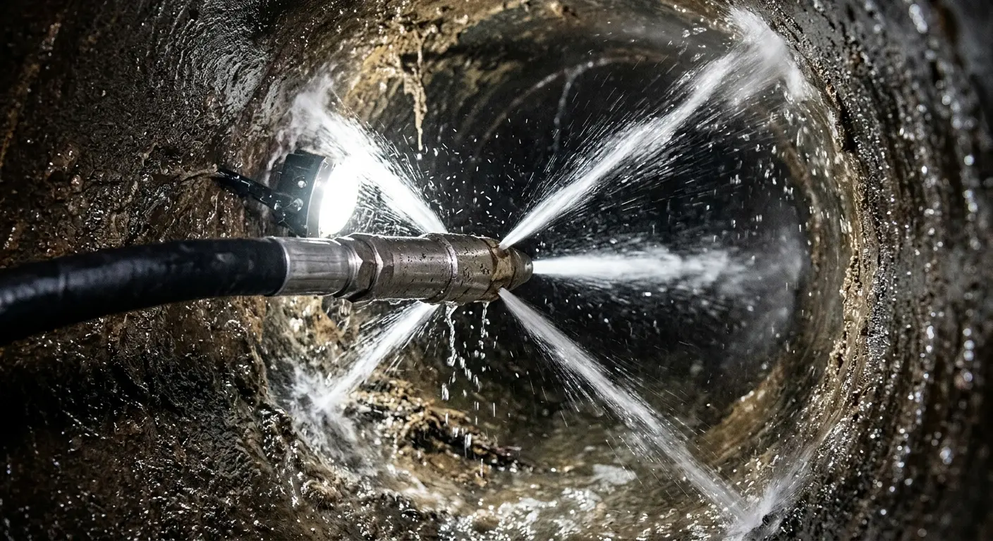 High-pressure hydro jetting nozzle cleaning sewer pipe for Emergency Drain Service in Lake Wisconsin