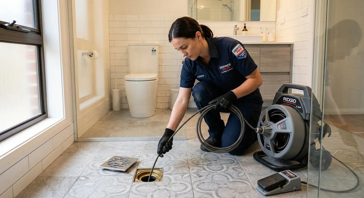 Technician clearing a bathroom floor drain for Drain Repair in Lake Wisconsin